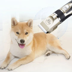 Cordless Pet Grooming Clippers Set - Shiba Inu lying on white tiled floor with pet clipper positioned near its back