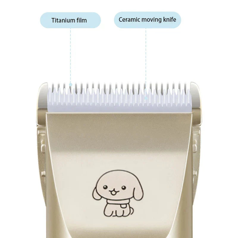 Cordless Pet Grooming Clippers Set - Close-up of pet clipper blade with labels for titanium film and ceramic moving knife, plus cartoon dog graphic