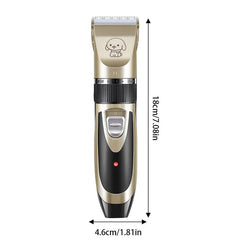 Cordless Pet Grooming Clippers Set - Gold and black pet hair clipper with a cartoon dog icon, labeled 18cm tall and 4.6cm wide