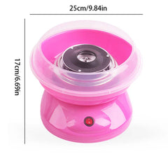Floss Maker - Pink countertop cotton candy machine with transparent rim, shown with 25cm width and 17cm height dimension labels