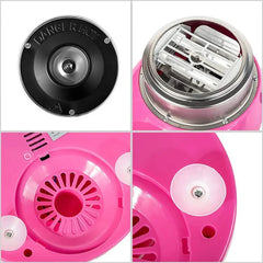 Floss Maker - Four-panel closeup set: top view of machine's hot plate marked DANGER HOT, internal heating assembly, bottom fan vent, and suction cup feet