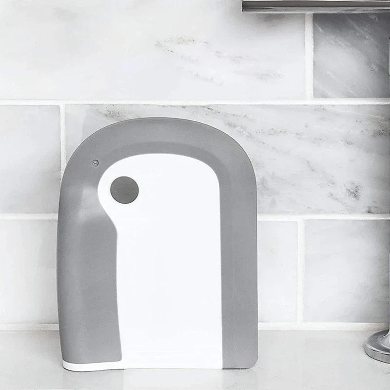 Countertop Dishwasher Machine - gray and white kitchen cleaning tool placed on countertop against marble tile backsplash