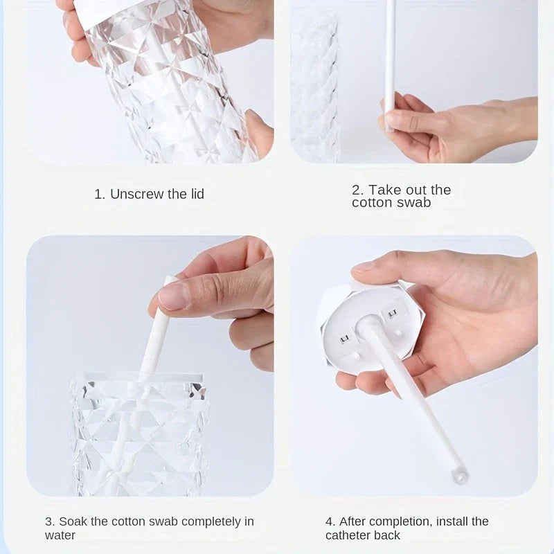 Night Light - Four-step visual guide showing how to prepare the humidifier's cotton swab