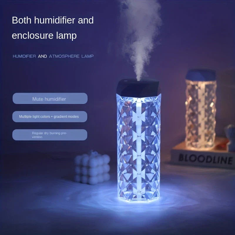 Night Light - Crystal-patterned humidifier emitting mist, lit cool blue, with text listing product functions and a second dimmed humidifier in the background.