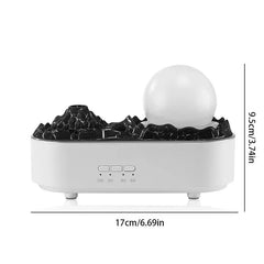Cool Mist Humidifier - White oval aromatherapy diffuser with black mountain-shaped top and white spherical accent, with dimension labels