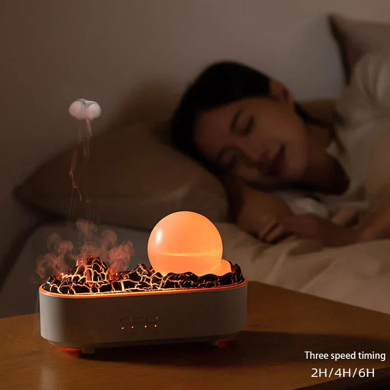 Cool Mist Humidifier - Warm-lit aromatherapy diffuser emitting smoke, placed on a bedside table beside a sleeping person, with timing labels
