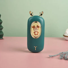Rechargeable Hand Warmer - Dark green deer-themed handheld device with golden antlers, a brown deer figurine behind a clear oval window, and a small golden Y-shaped detail below