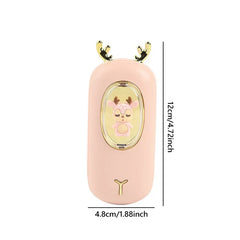 Rechargeable Hand Warmer - Light pink handheld device with gold antlers, windowed cartoon deer figure, Y-shaped button, with height and width measurements