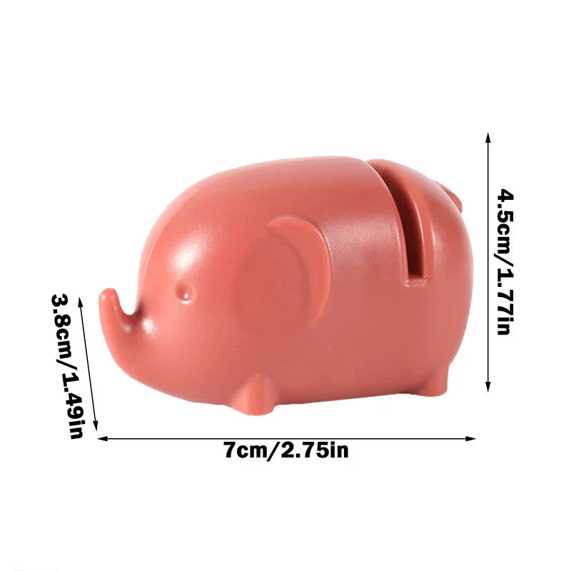Mini Knife Sharpener - Coral elephant-shaped object with labeled dimensions for height, length and trunk height against a white background