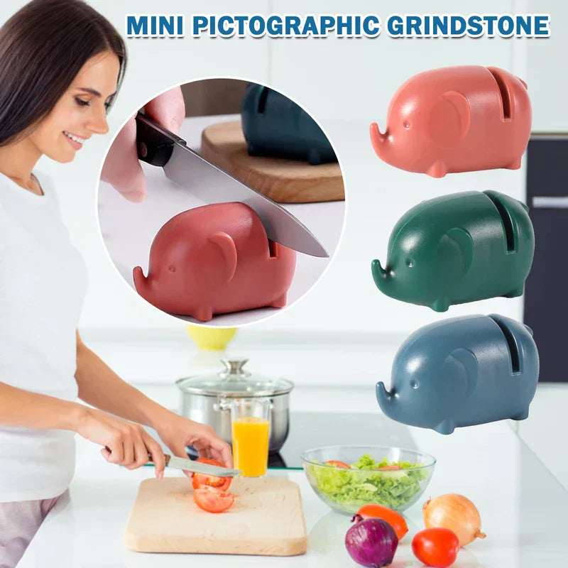 Mini Knife Sharpener - Woman cutting tomatoes on a kitchen board with three elephant-shaped sharpeners displayed, and a circular inset showing knife use on one