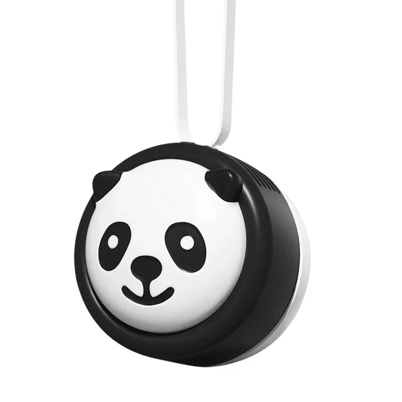 Neck Fan - Round panda-design personal fan with attached white lanyard, shown against a plain white background