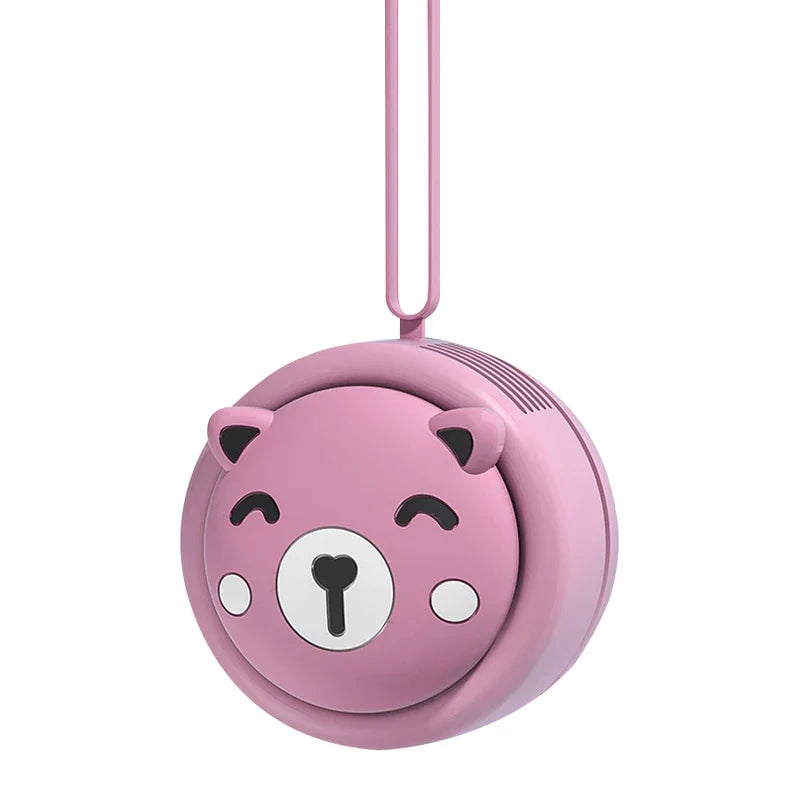 Neck Fan - Round pink bear-shaped hanging product against a plain white background