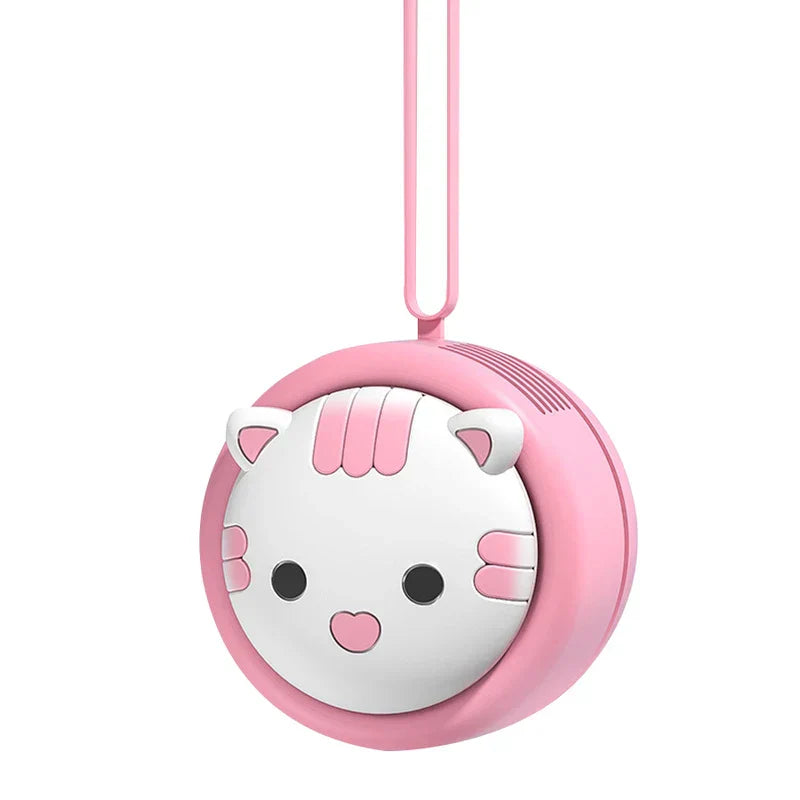 Neck Fan - Round pink and white cartoon cat bluetooth speaker with attached pink hanging lanyard