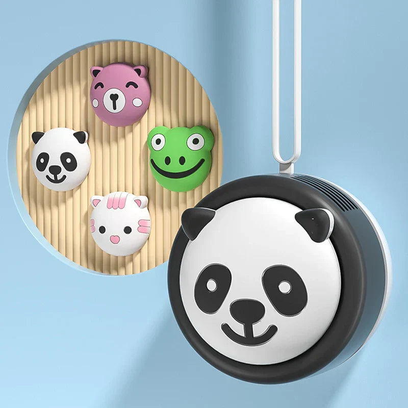 Neck Fan - Panda-design lanyard fan displayed alongside swappable cute animal face plates including pink bear, frog, and cat designs