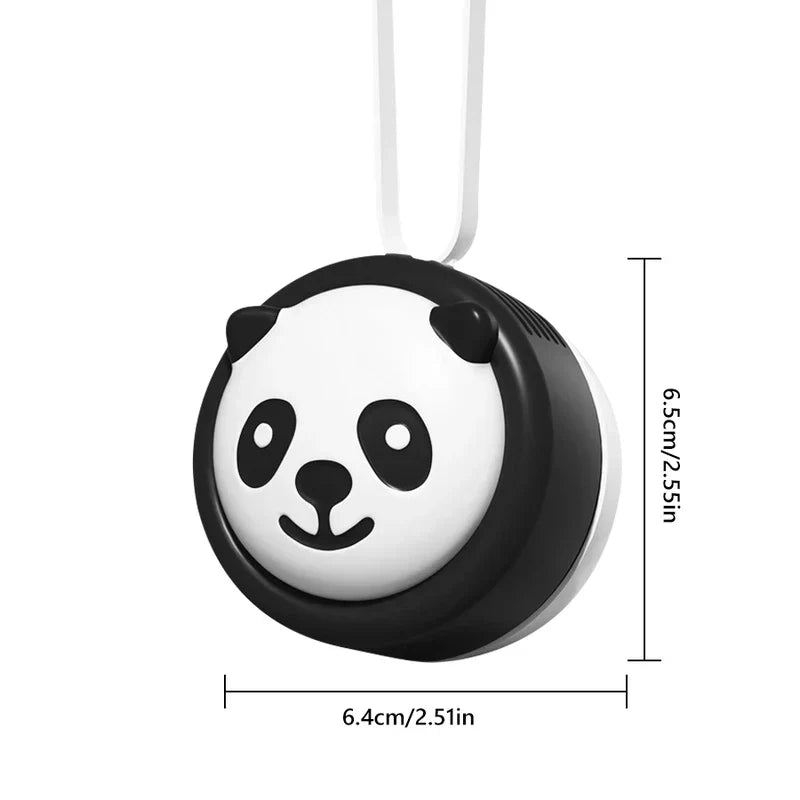 Neck Fan - Panda-themed round hanging device with white lanyard, showing height 6.5cm and width 6.4cm dimension markings