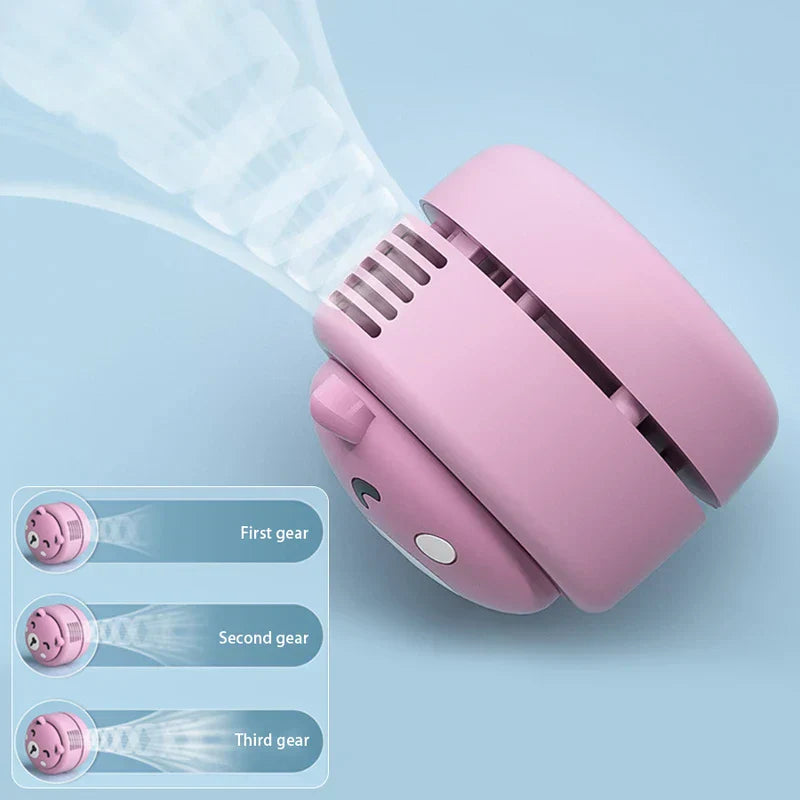 Neck Fan - Pink bear-shaped fan angled to blow air, with three speed level diagrams labeled first, second, third gear