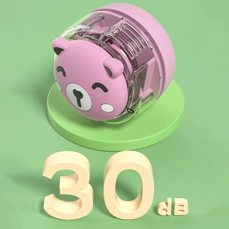 Neck Fan - Pink bear-shaped device with transparent rear section on a green circular base, with 30 dB text below it