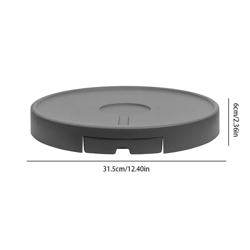 Serving Platter - Gray round plastic rolling stand with side pull-out drawer, shown with dimension lines marking diameter 31.5cm and height 6cm