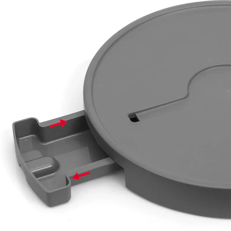 Serving Platter - Close-up of the gray stand's drawer partially pulled out from the round base, with red arrows indicating the pull direction