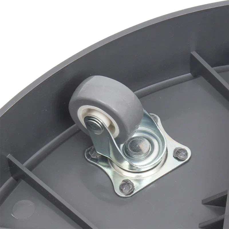 Serving Platter - Close-up underside view of the gray stand showing an attached swivel caster wheel mounted on the base interior