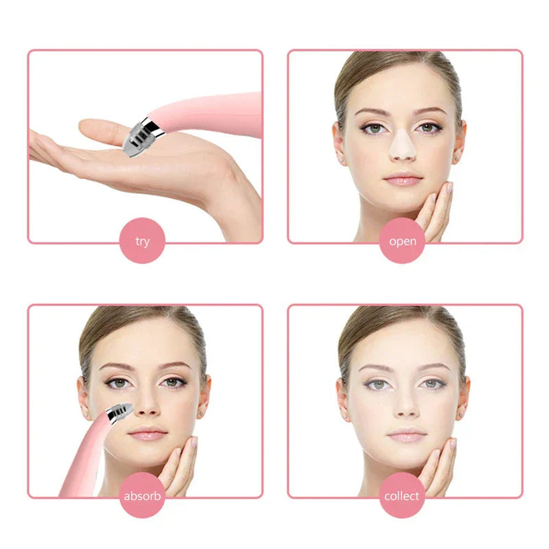 Facial Suction Extractor Device - Four-step diagram showing the blackhead tool's usage steps: test suction, apply nose preparation, use on face, completed result