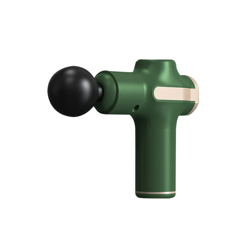 Green mini massage gun with spherical massage head attached, against a plain white background
