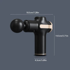 Black and gold mini massage gun with a spherical attachment, shown with 3 labeled dimension measurements.