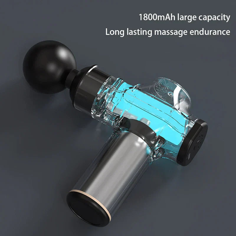 Transparent view of a massage gun showing internal battery, with text noting 1800mAh capacity.