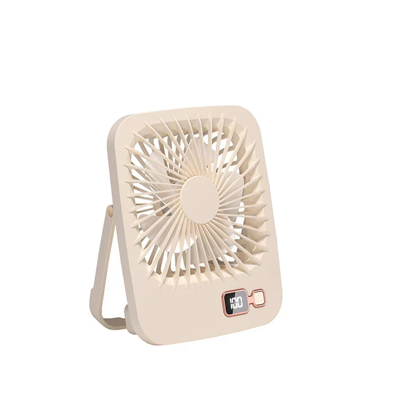 Desk Fan - Beige portable fan with fold-out stand, digital battery display, and power button