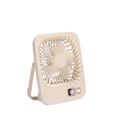 Desk Fan - Beige portable fan with fold-out stand, digital battery display, and power button