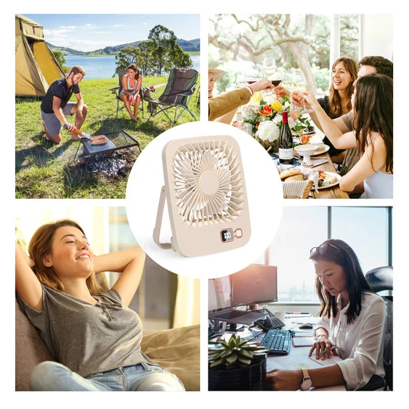 Desk Fan - Beige portable fan centered in a white circle, surrounded by four photos: campsite cookout, outdoor dining group, person relaxing on a couch, person working at a desk.