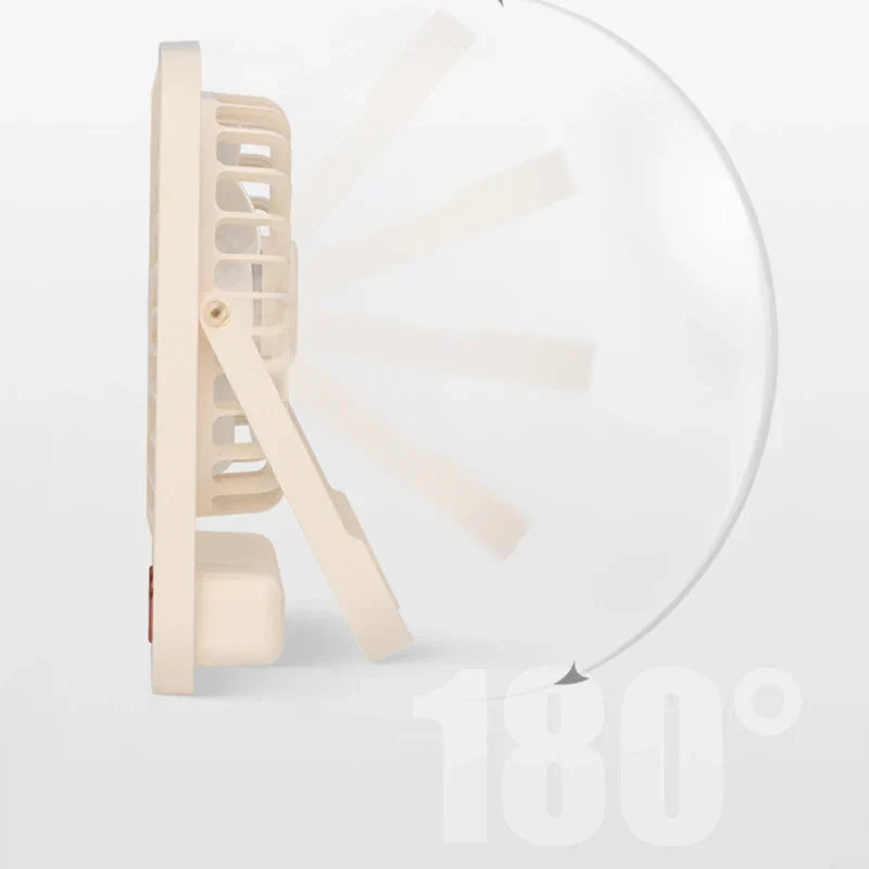 Desk Fan - Side profile view of a beige desktop fan on its stand, with a 180° tilt arc graphic displayed