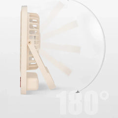 Desk Fan - Side profile view of a beige desktop fan on its stand, with a 180° tilt arc graphic displayed