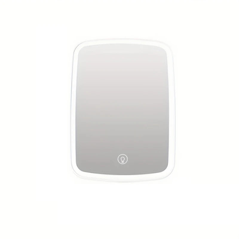 Led Vanity Mirror - Front view of white rounded rectangular mirror with touch power button at bottom center