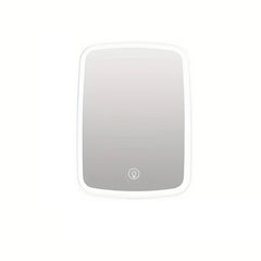 Led Vanity Mirror - Front view of white rounded rectangular mirror with touch power button at bottom center