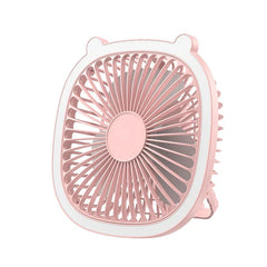 Light pink desktop desk lamp with cooling fan on a plain white background, showing its front design