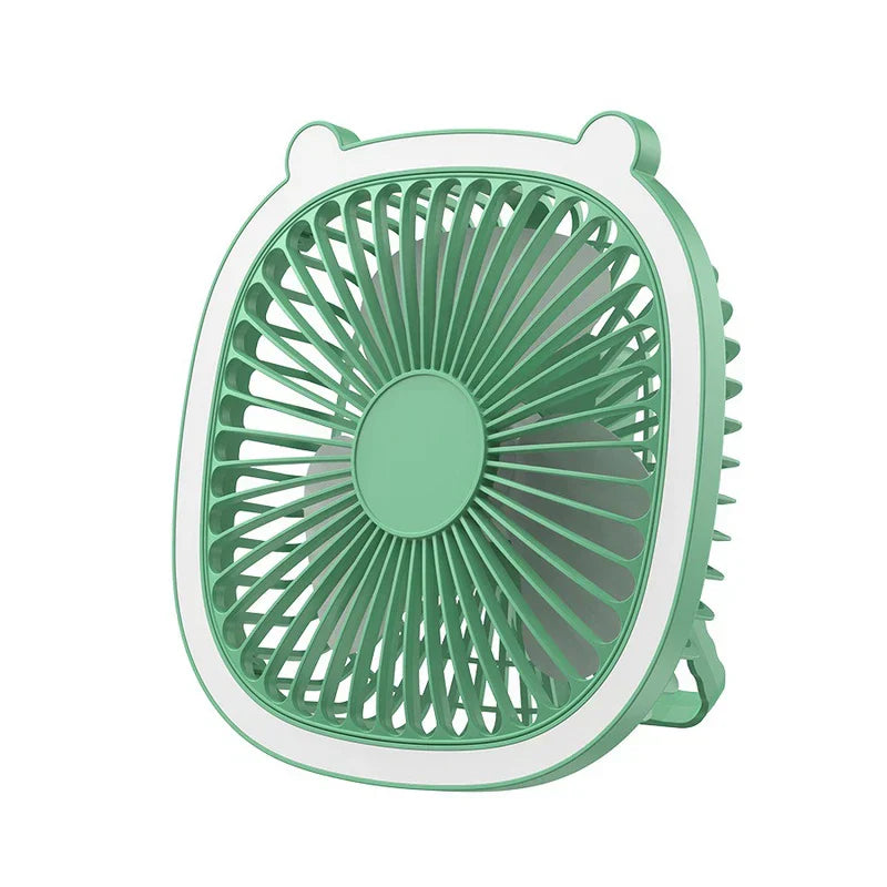 Mint green bear-eared desktop desk lamp with cooling fan, front view against white background