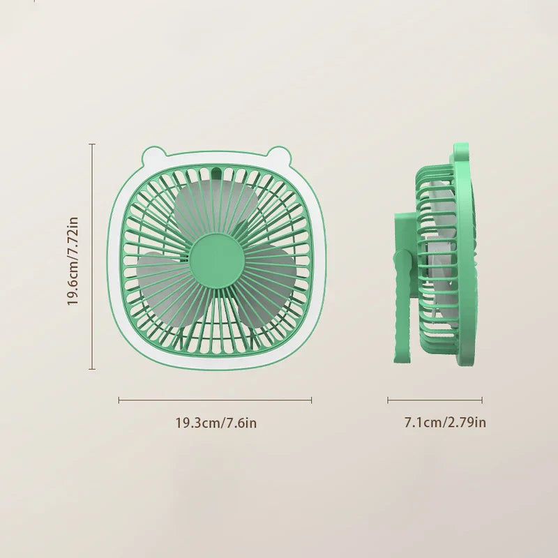 Front and side views of a small green fan with bear ear details, marked with dimension measurements