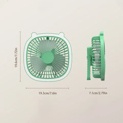 Front and side views of a small green fan with bear ear details, marked with dimension measurements