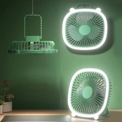 Three mint green desktop desk lamp with cooling fan units shown in hanging and tabletop placements against a dark green wall