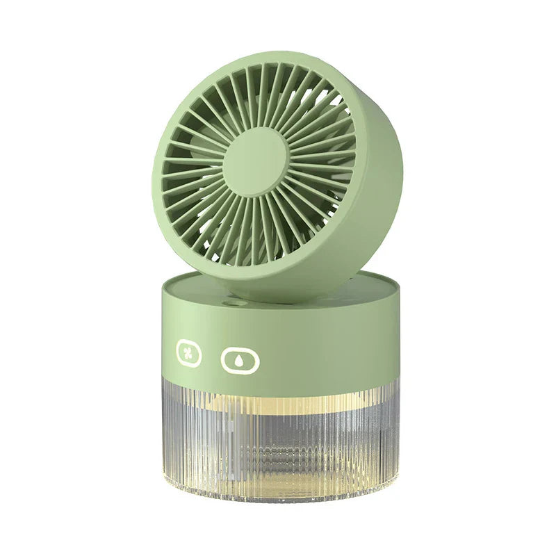 Usb Misting Fan - Sage green 2-in-1 fan and misting unit with adjustable fan head, two control buttons, and translucent ribbed water reservoir