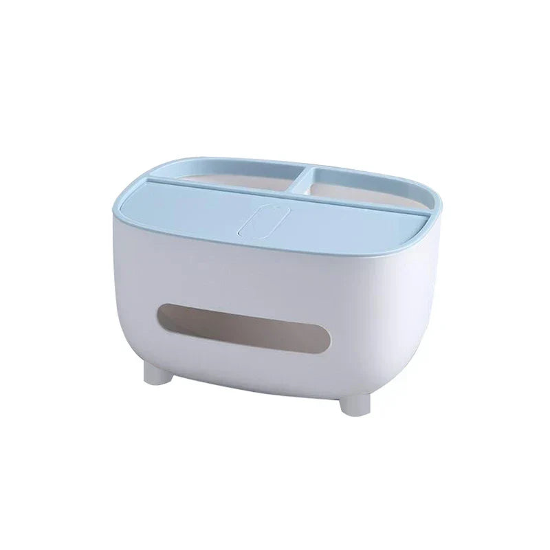 A desktop organizer shelf with tissue box holder with white body, light blue top, and a front tissue slot, on four short legs against white background.