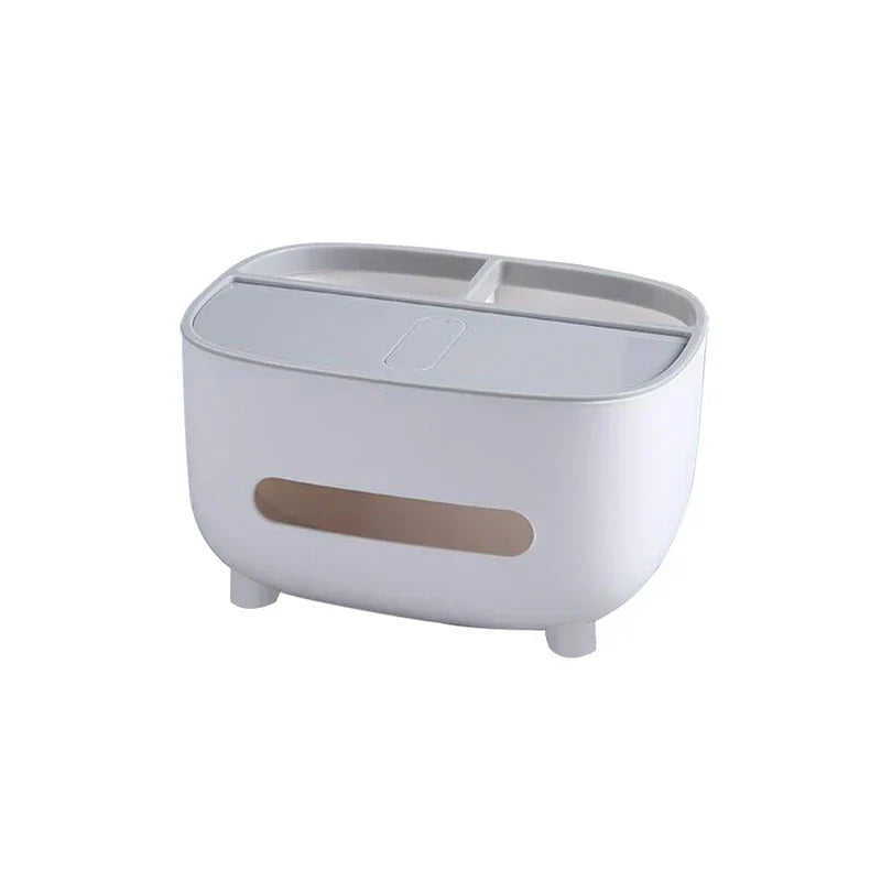 White and gray desktop organizer shelf with tissue box holder with top divided trays and a front tissue slot.