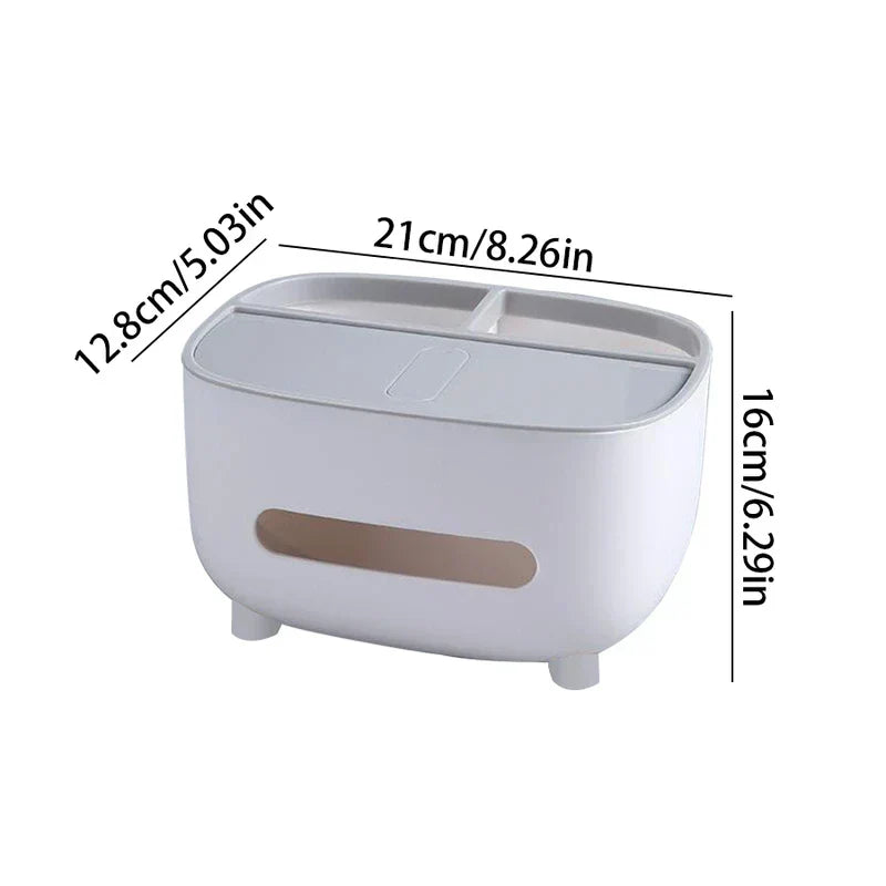 A desktop organizer shelf with tissue box holder shown with its length, width, and height dimension labels on a white background.