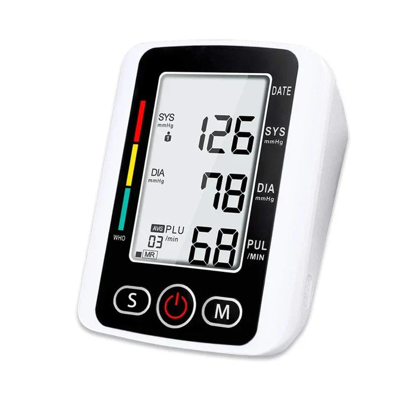 Arm Blood Pressure Monitor - White and black digital monitor unit with large display showing systolic, diastolic, and pulse readings, three front control buttons, and color-coded WHO indicator bar