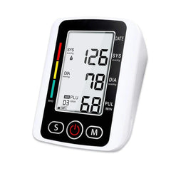 Arm Blood Pressure Monitor - White and black digital monitor unit with large display showing systolic, diastolic, and pulse readings, three front control buttons, and color-coded WHO indicator bar