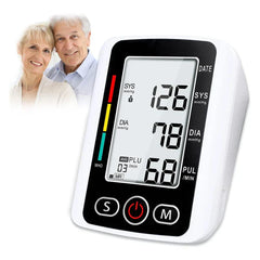 Arm Blood Pressure Monitor - Monitor unit displayed alongside a smiling senior couple, showing sample reading on its backlit digital screen