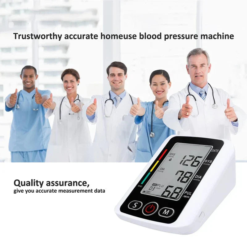 Arm Blood Pressure Monitor - Monitor unit shown with overlaid text about accurate home measurement, with group of medical professionals giving thumbs up in background