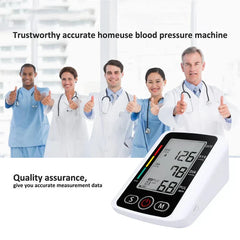 Arm Blood Pressure Monitor - Monitor unit shown with overlaid text about accurate home measurement, with group of medical professionals giving thumbs up in background