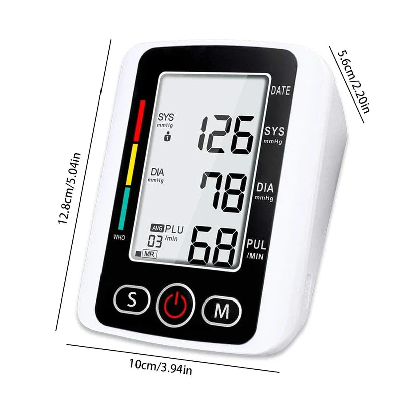 White upper-arm blood pressure monitor with large LCD display showing readings and labeled dimension measurements.